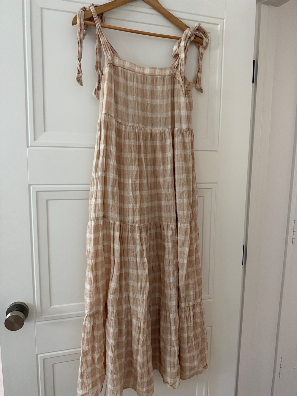 Show Me Your MuMu -XS Beige Plaid Tie-Shoulder Tiered Maxi Dress